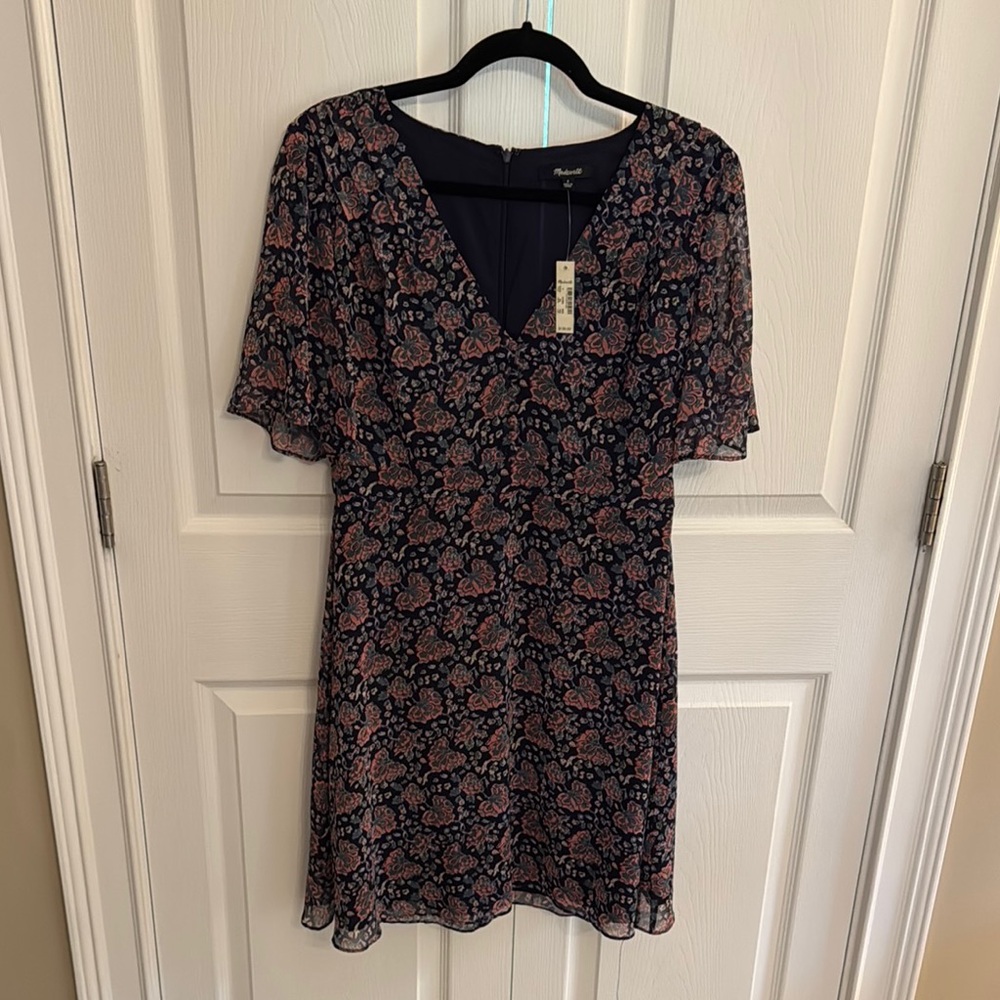 Madewell Black and Green Flutter Sleeve Mini Dress